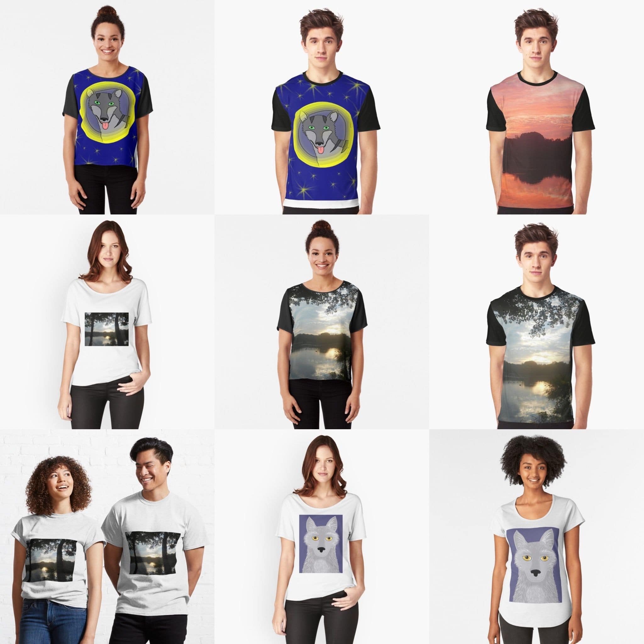 Various styles of T-shirts featuring Jennifer Priester's art and photography.