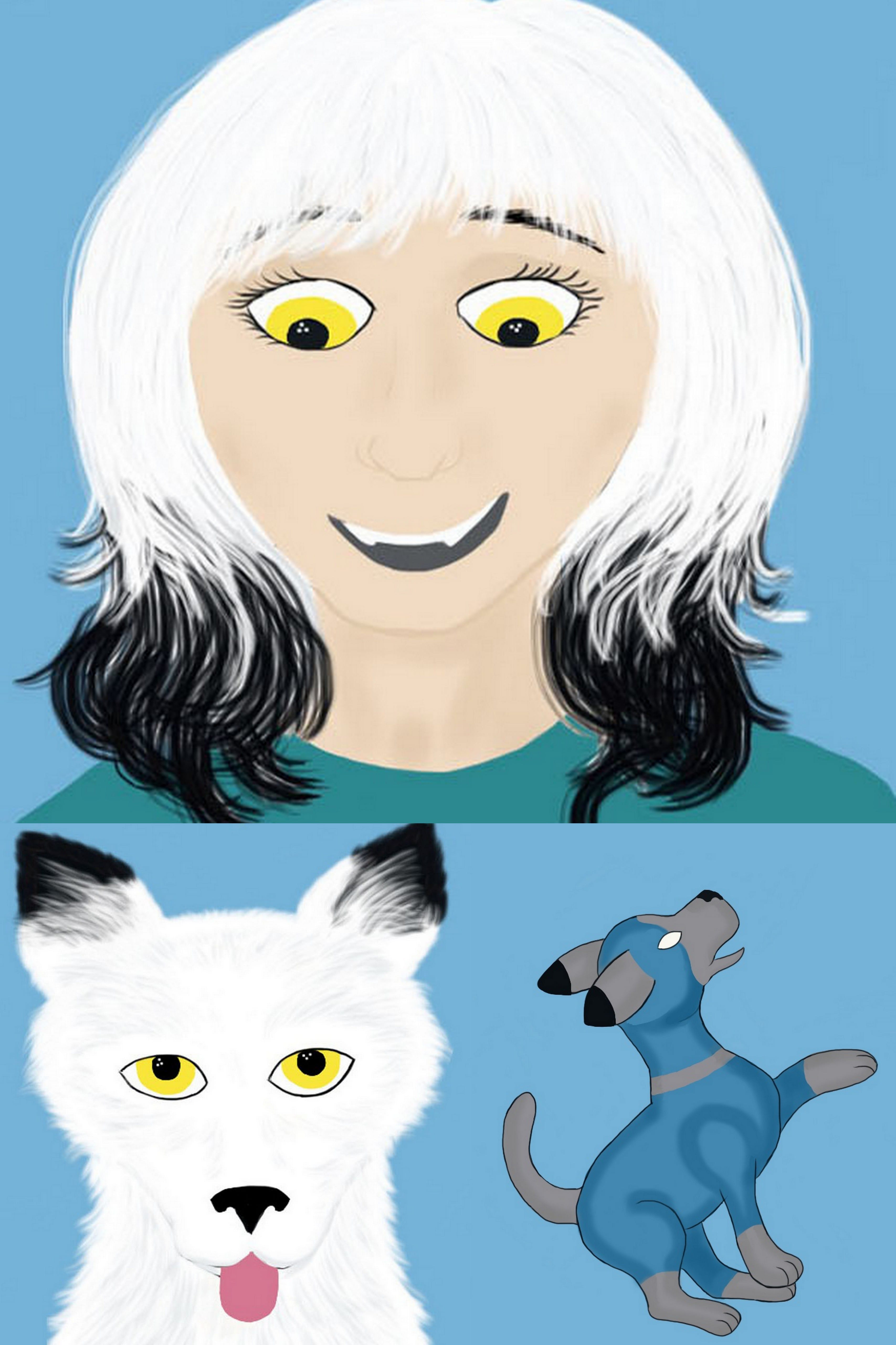 A collage featuring Asantra in her human form, wolf form, and as Wonder Wolf.