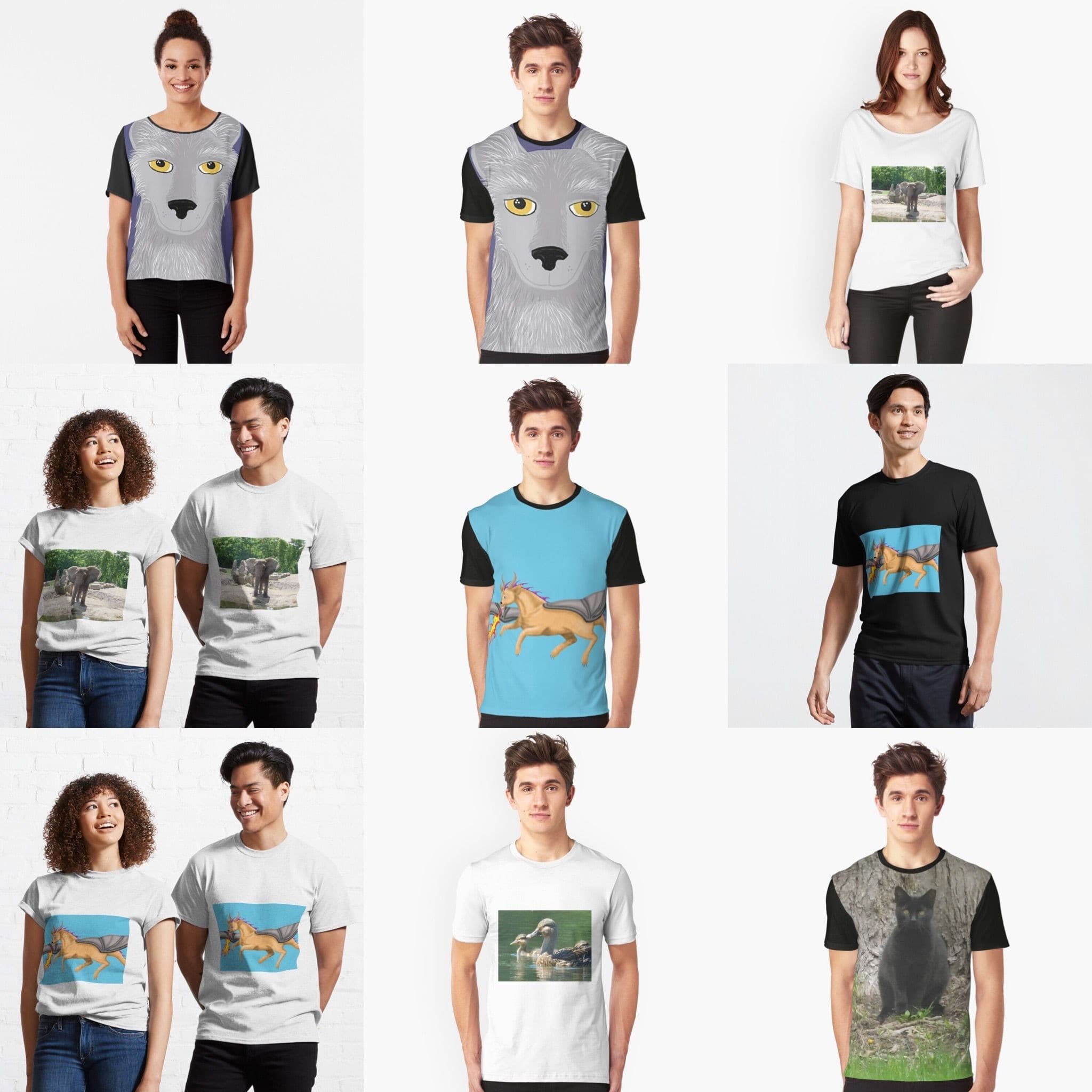 Various styles of T-shirts featuring Jennifer Priester's art and photography.