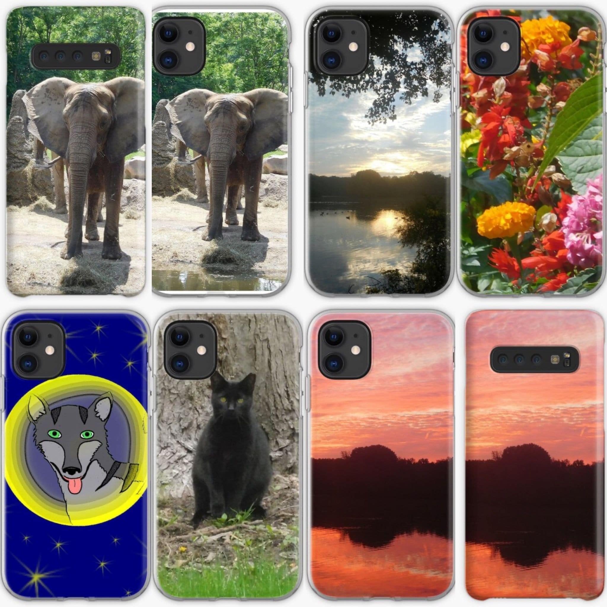 Various phone cases featuring art and photography by Jennifer Priester for iPhone and Samsung.