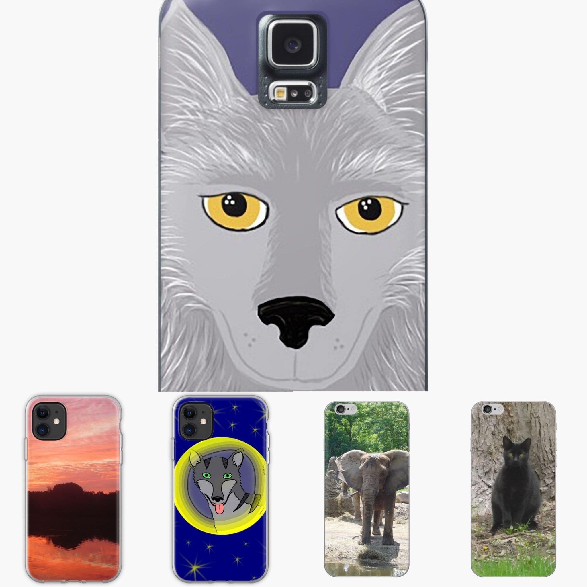 Various phone cases featuring art and photography by Jennifer Priester for iPhone and Samsung.