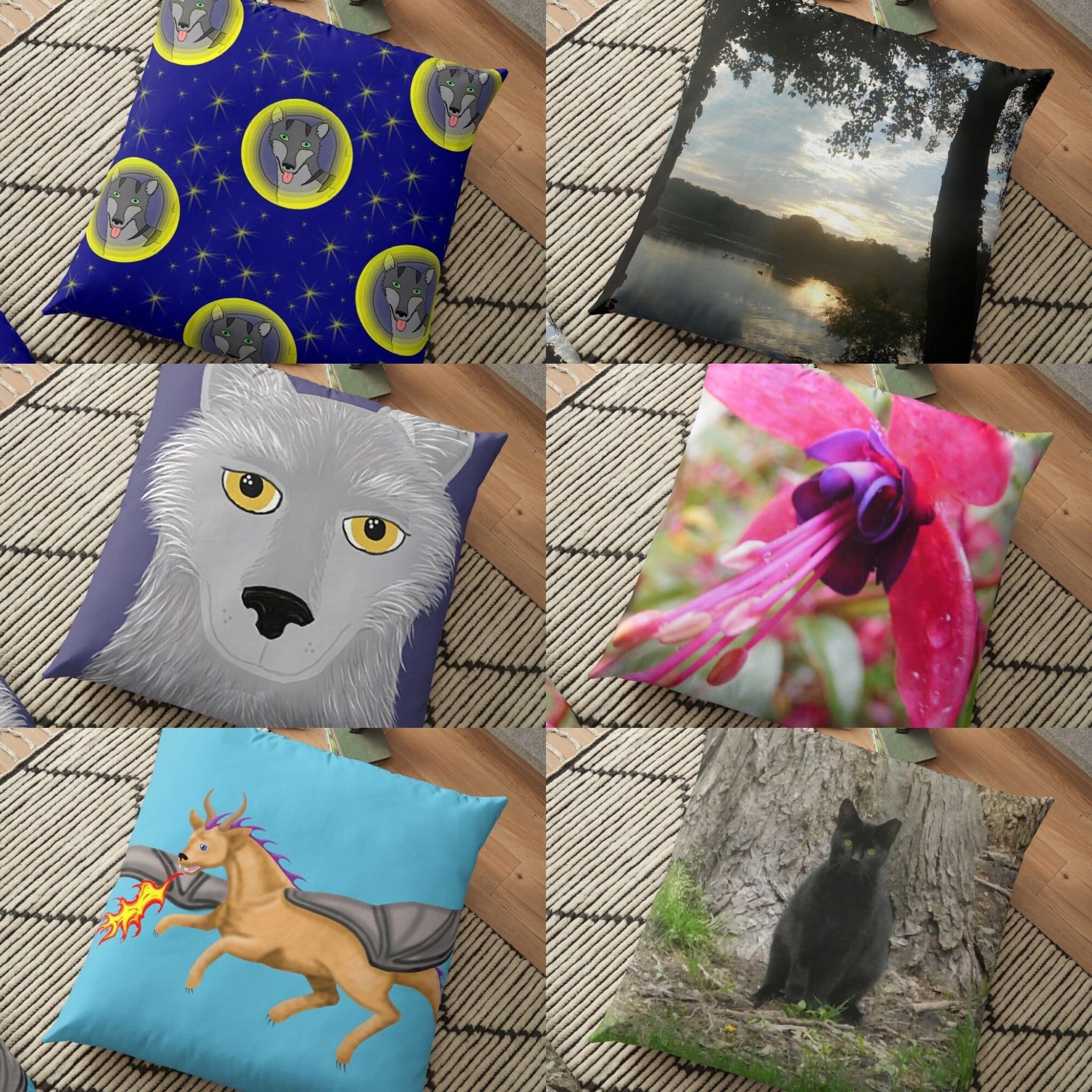 Floor pillows featuring Jennifer Priester's art and photography.