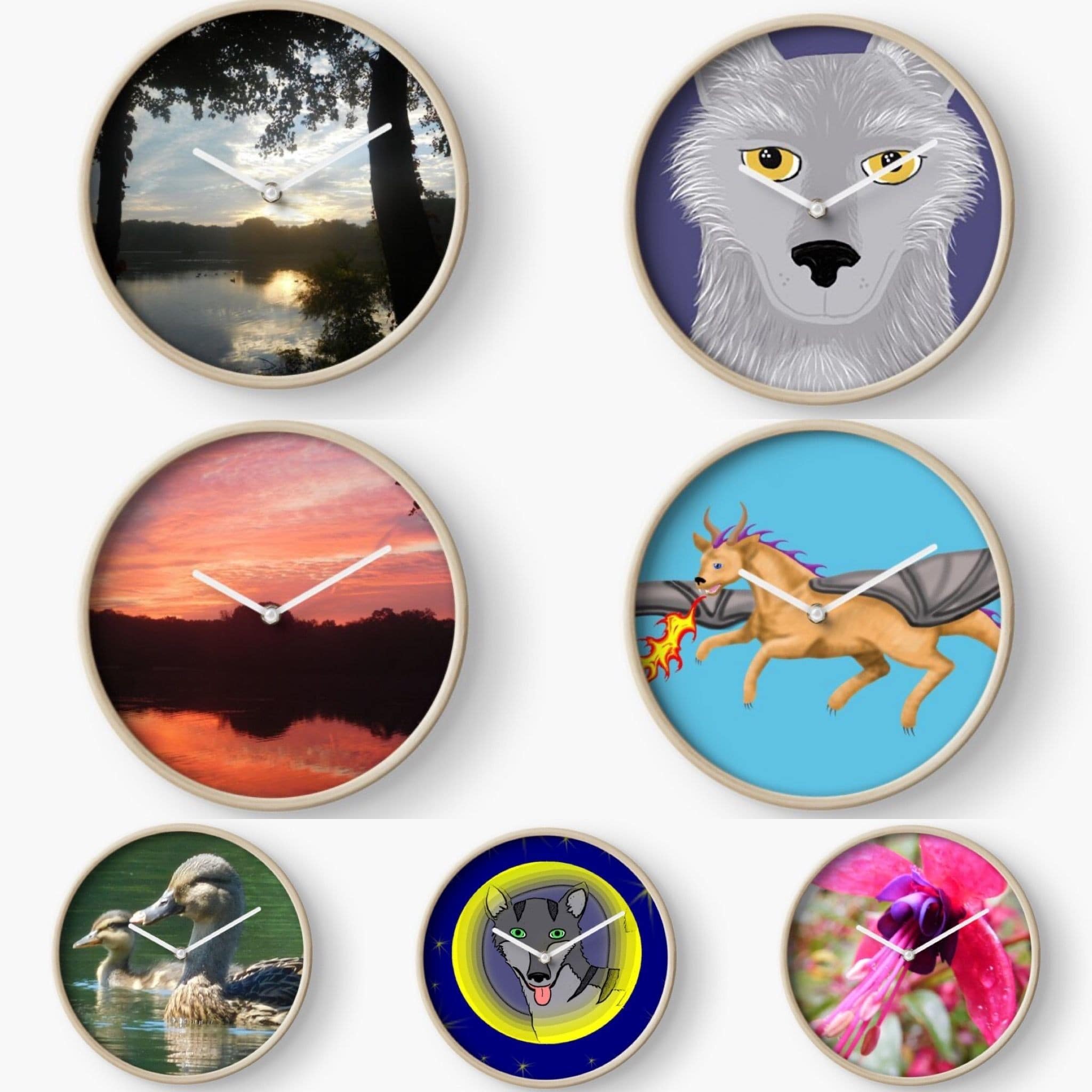 Clocks featuring Jennifer Priester's art and photography.