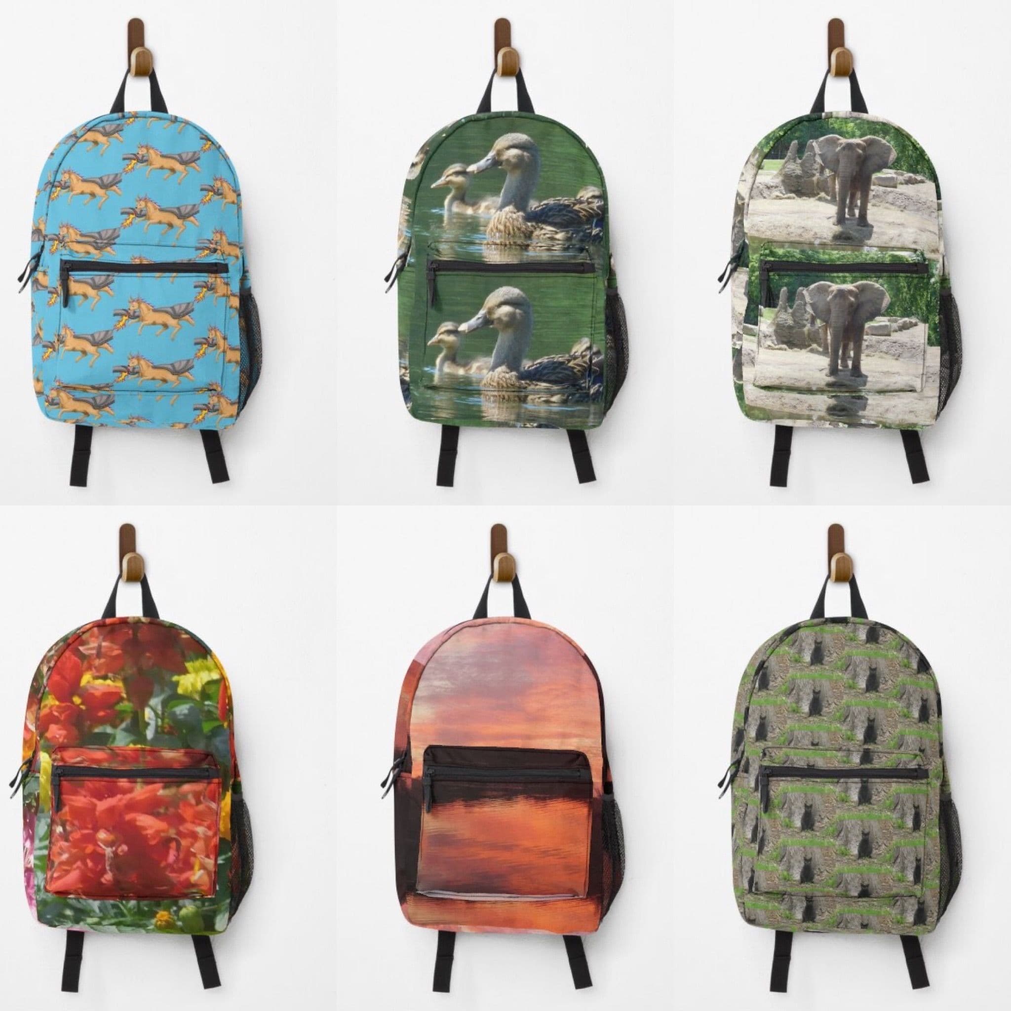 Backpacks featuring Jennifer Priester's art and photography.