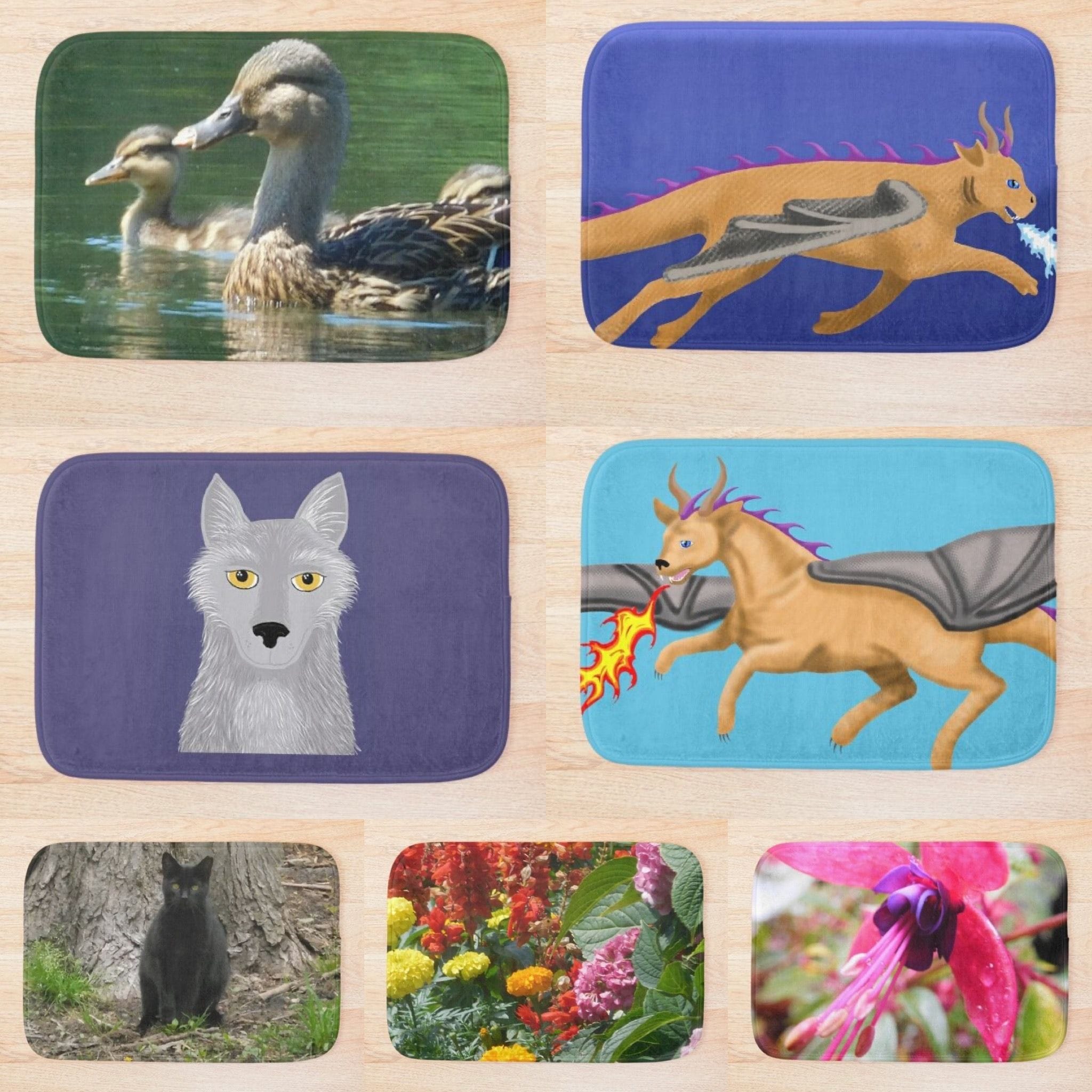 Bath mats featuring Jennifer Priester's art and photography.