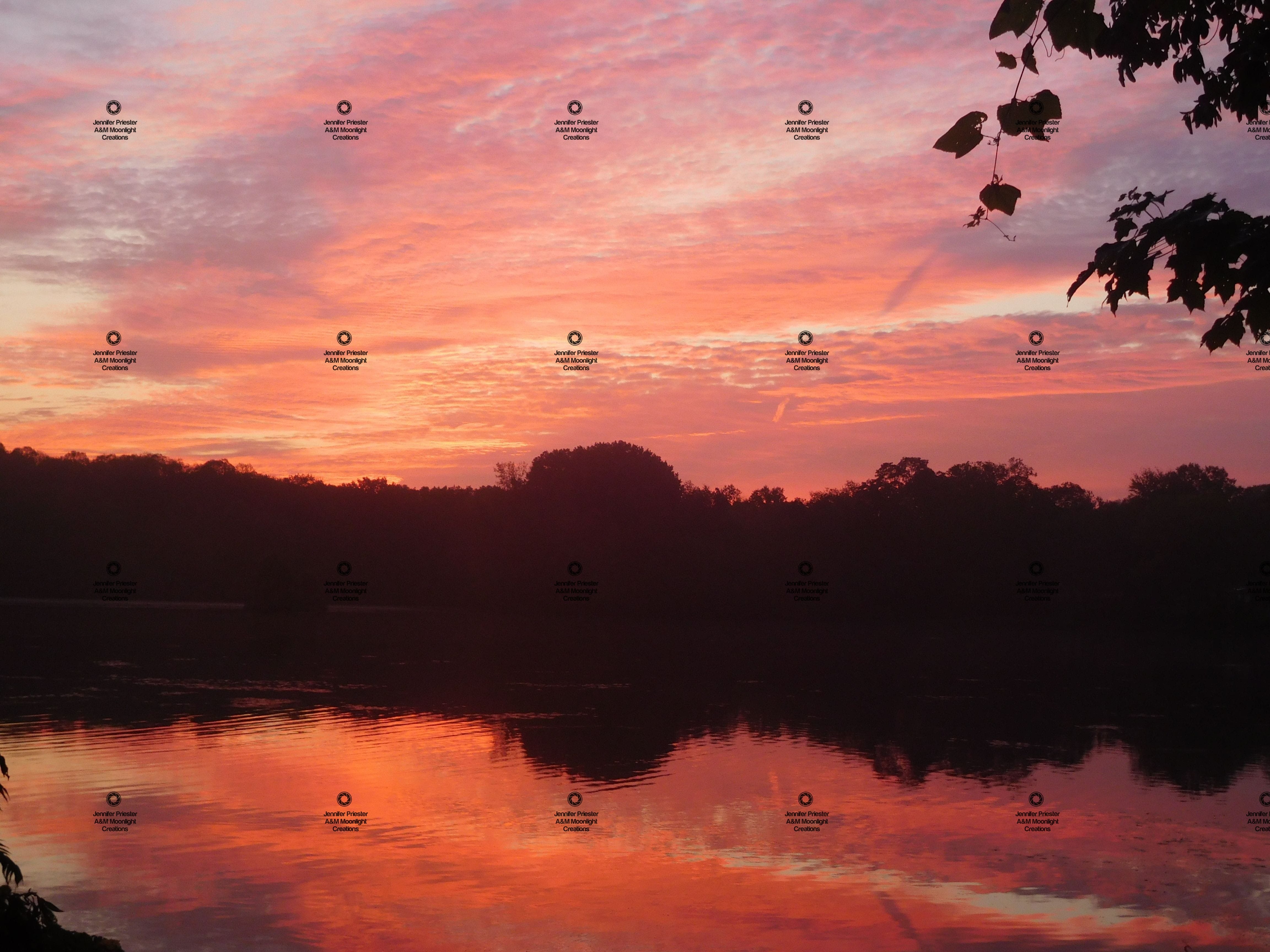 A photograph by Jennifer Priester of an orange colored sunrise over  a pond.