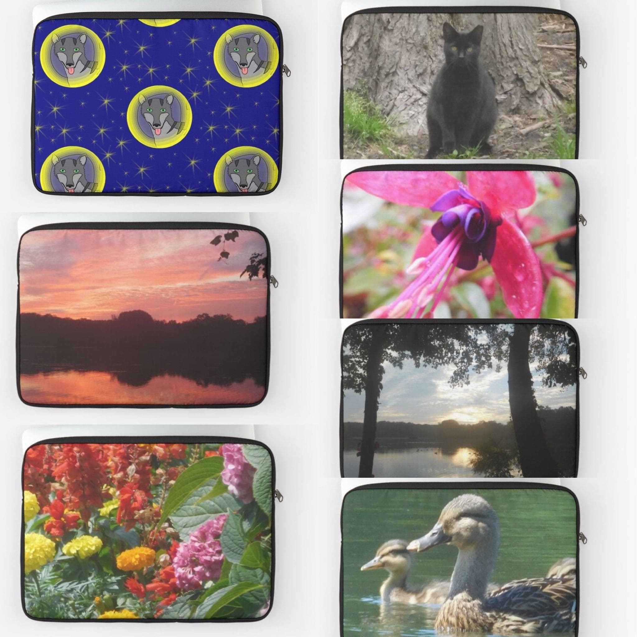 Laptop sleeves featuring Jennifer Priester's art and photography.