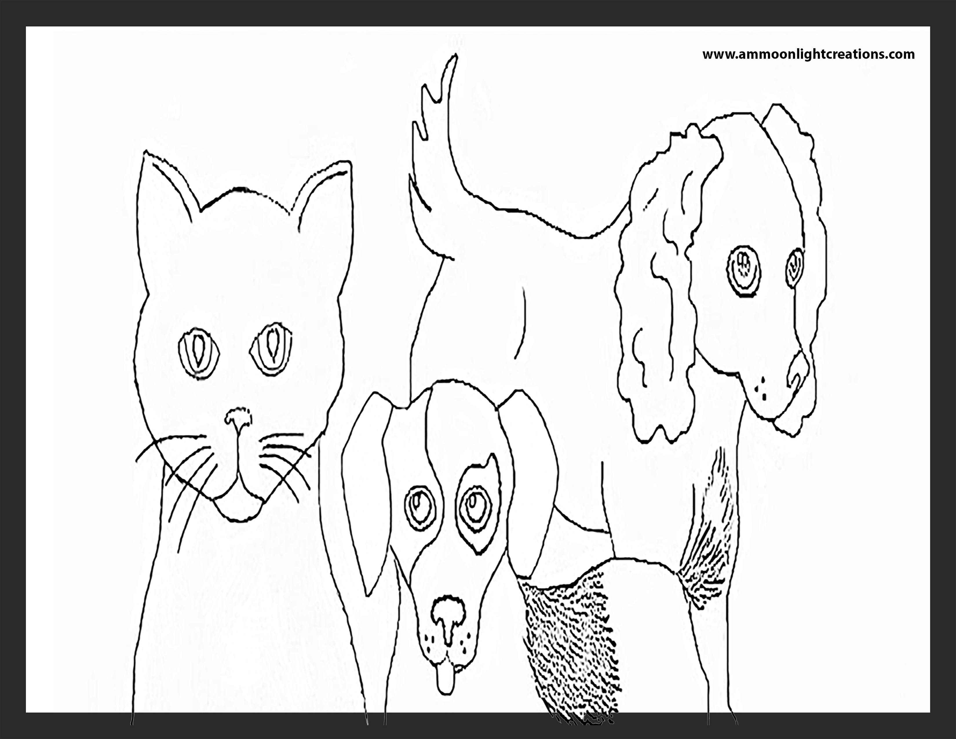 A coloring page featuring a few of the young animal psychic's pets.