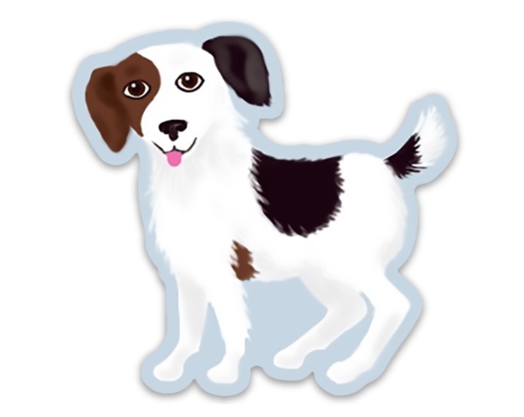 A Die Cut Sticker of Star the Jack Russell Terrier from the Mortal Realm Witch Series.