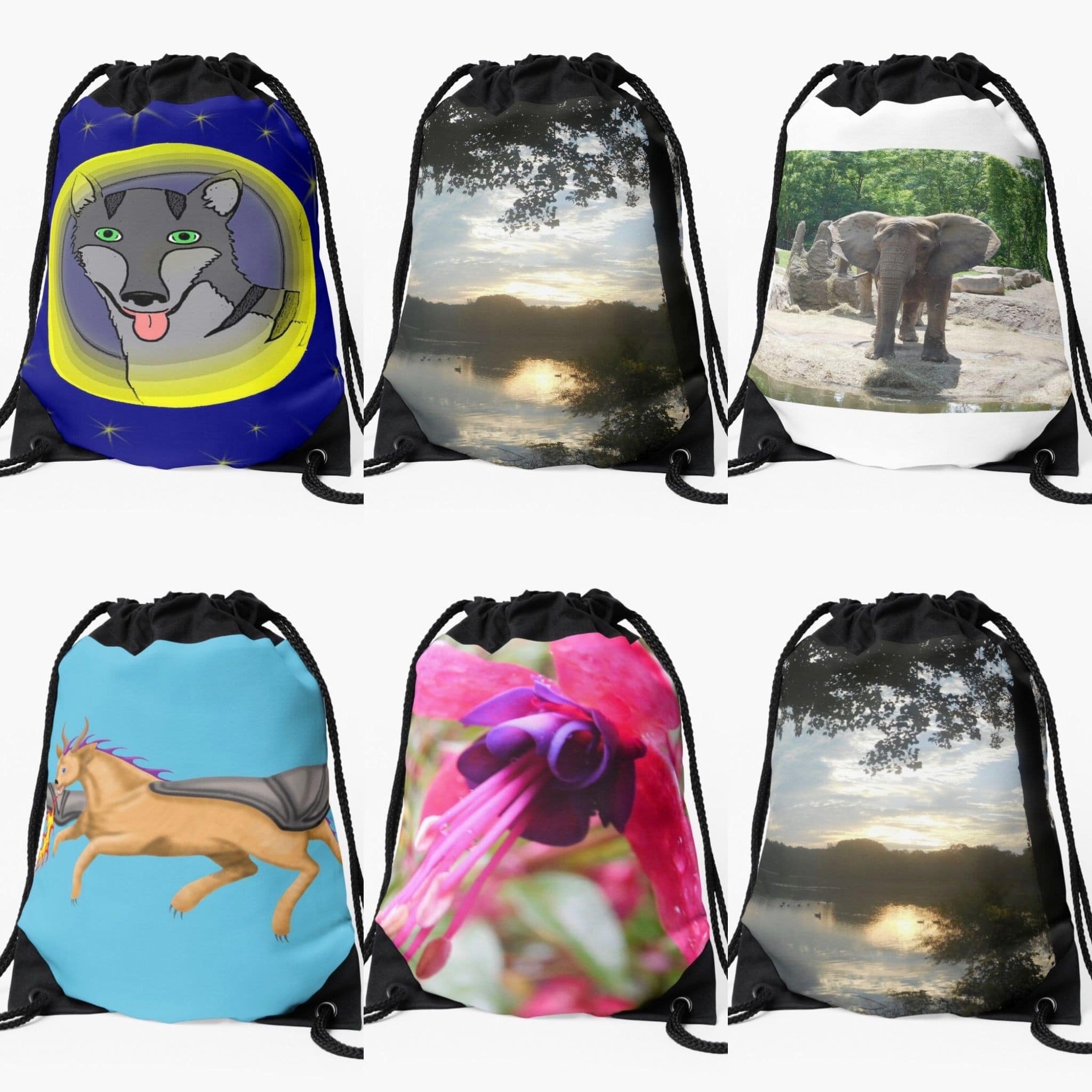 Drawstring bags featuring Jennifer Priester's art and photography.