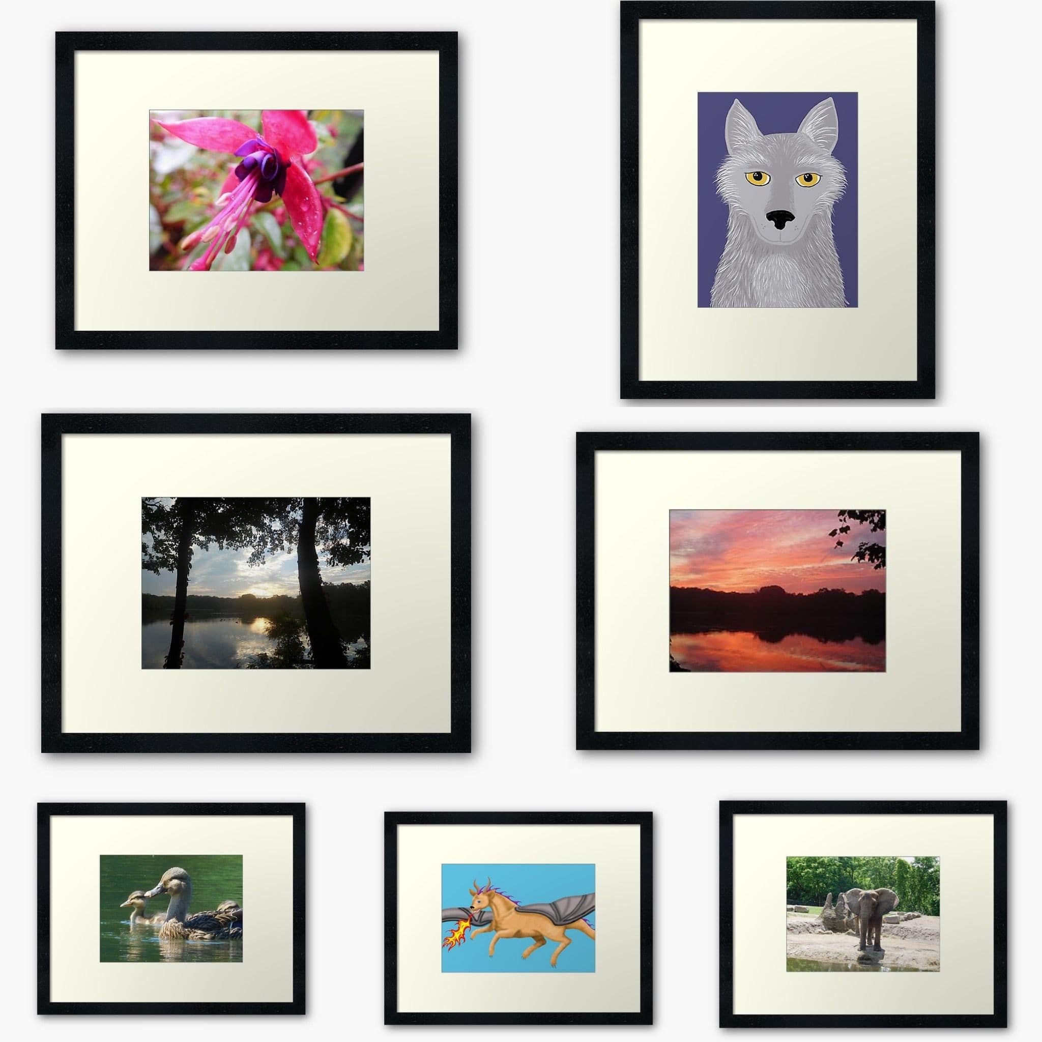 Framed art prints featuring Jennifer Priester's art and photography.