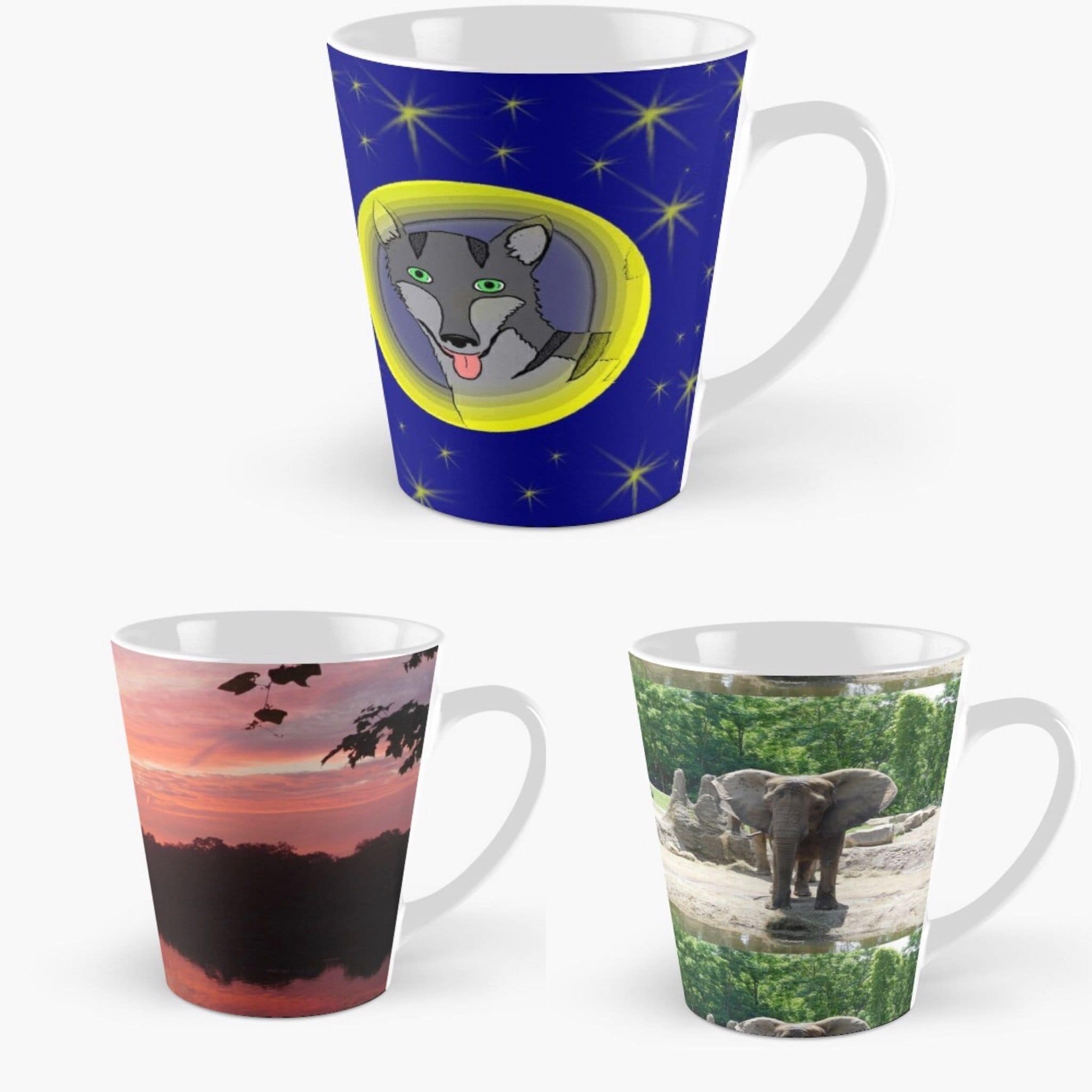 Tall mugs featuring Jennifer Priester's art and photography.