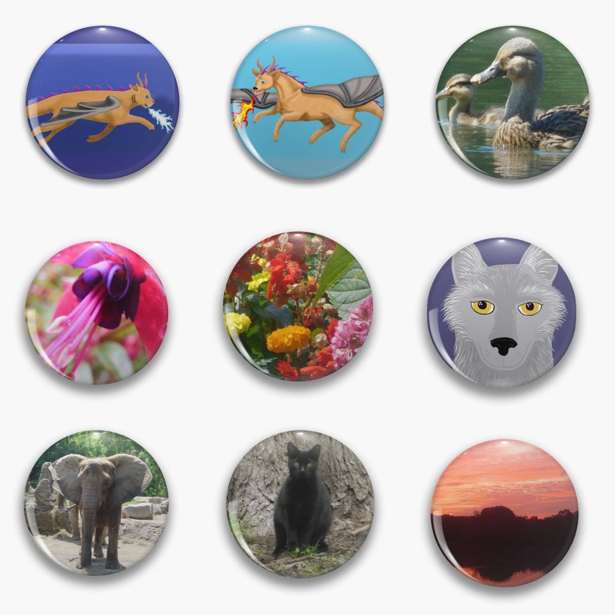 Pin buttons featuring Jennifer Priester's art and photography.