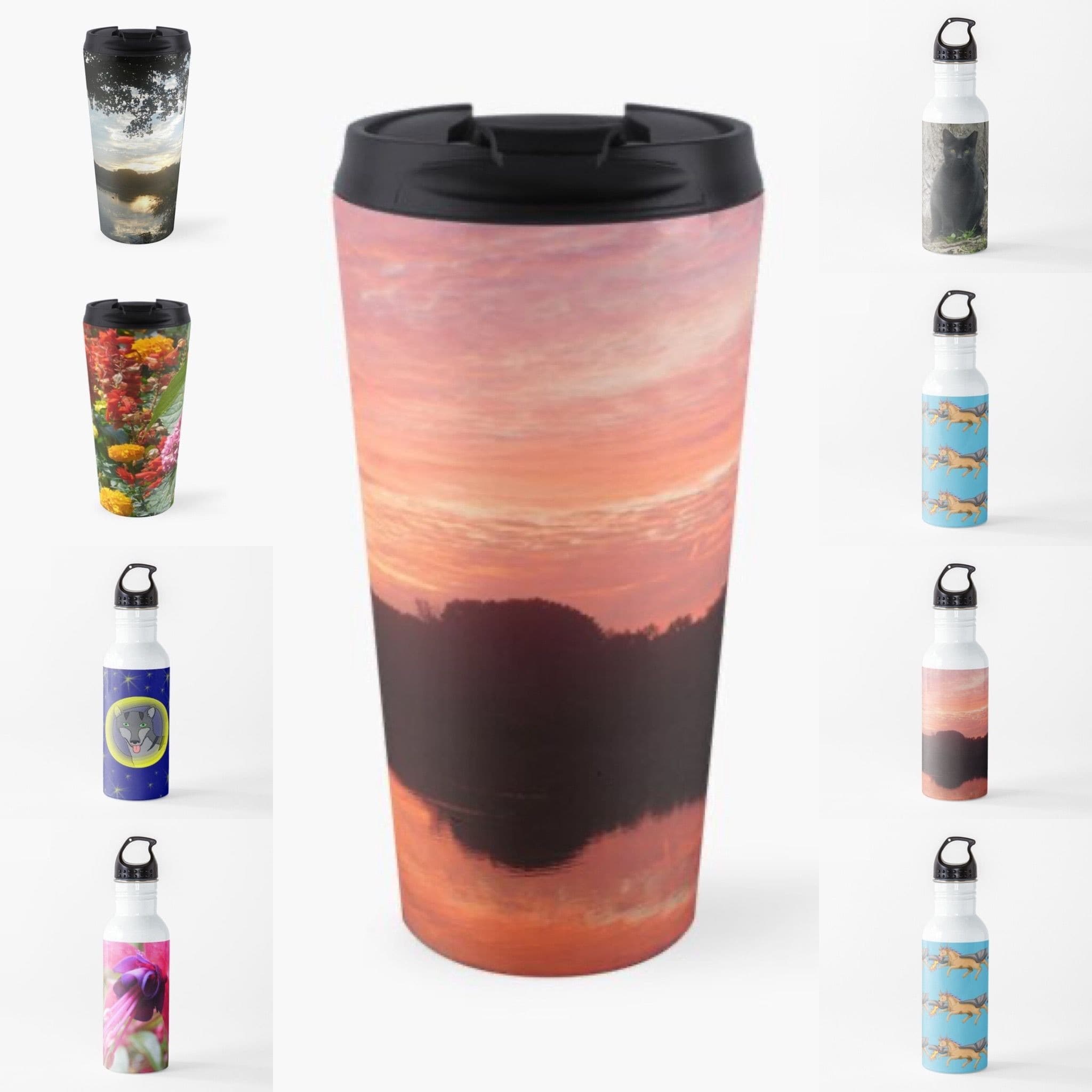 Travel mugs and water bottles featuring Jennifer Priester's art and photography.