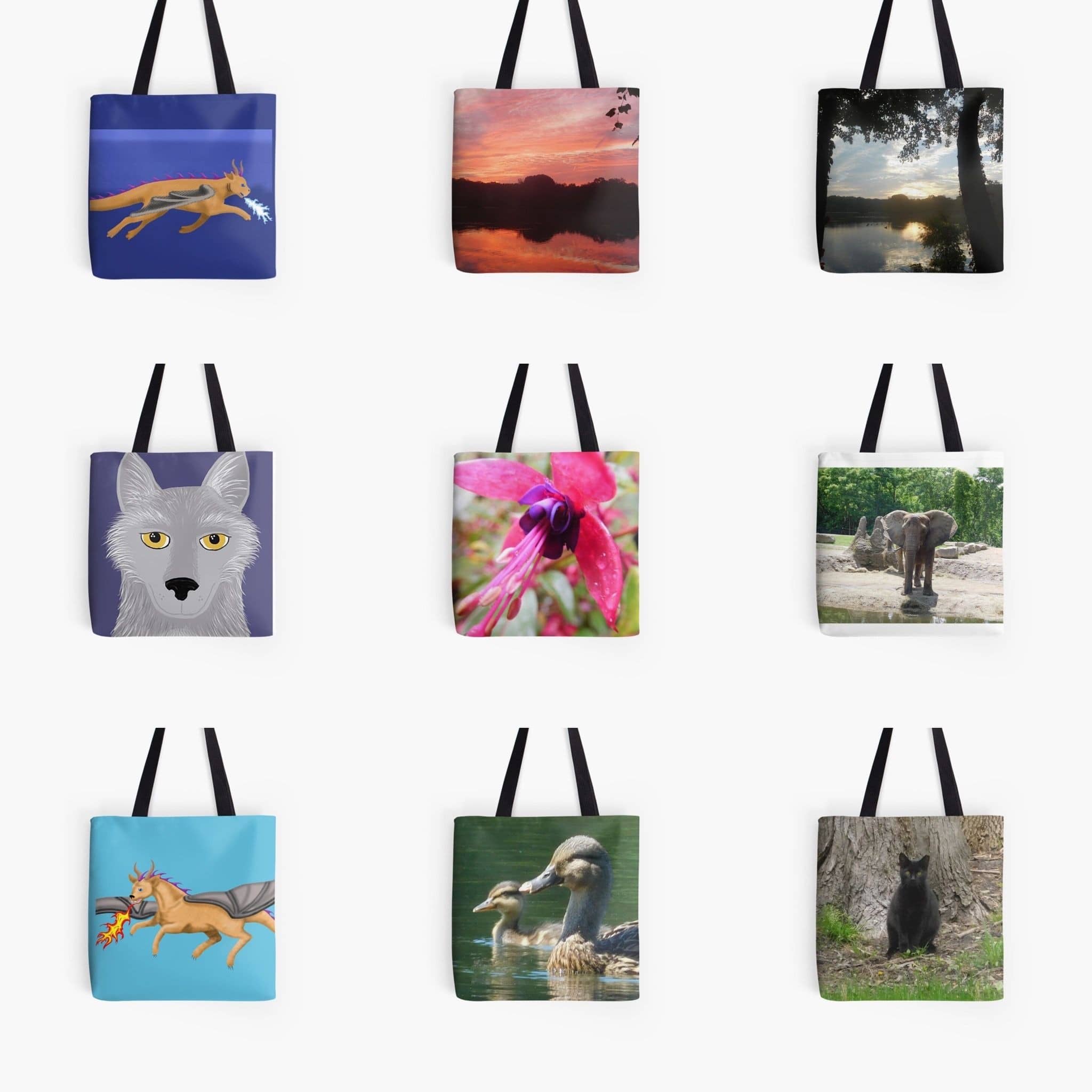 Tote bags featuring Jennifer Priester's art and photography.