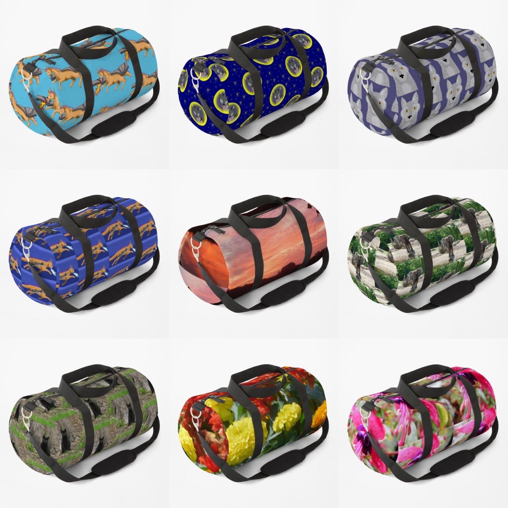 Duffle bags featuring Jennifer Priester's art and photography.